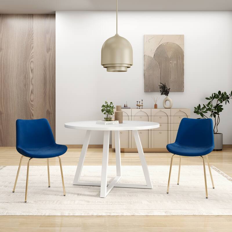 Minimalist Breakfast Nook Dining Table, 3-Piece Round Dining Set with Velvet Blue Upholstered Chairs