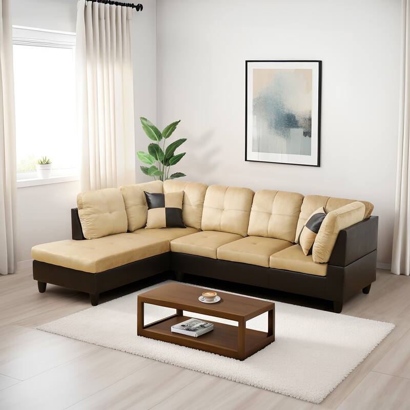 Beige and Brown Color Lint And PVC 3-Piece Couch Living Room Sofa Set
