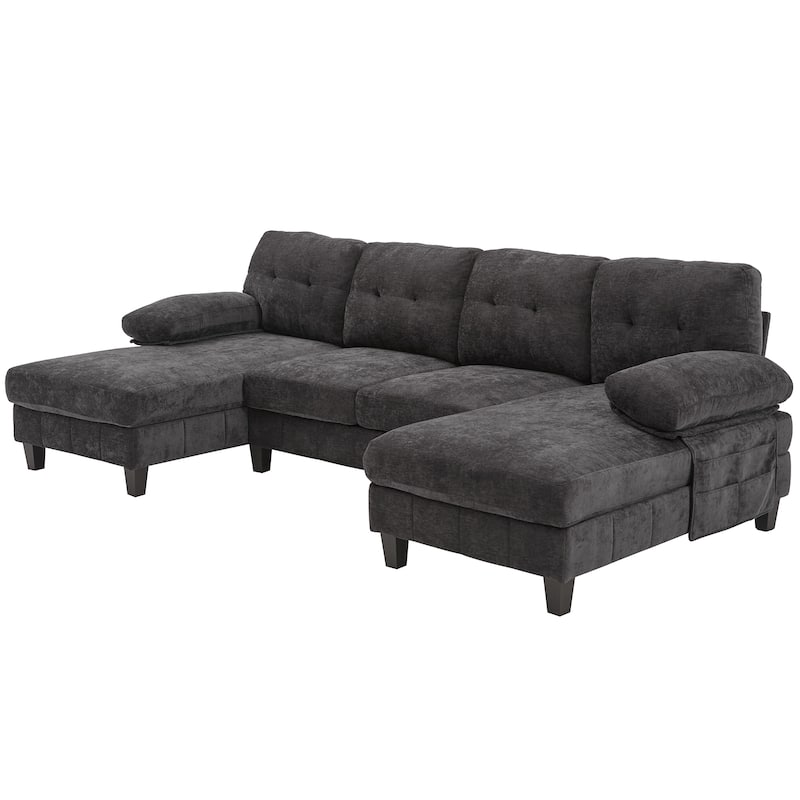 Roomfitters U-Shaped Chenille Sectional Sofa with Dual Chaises, Armrest Pillows and Storage Pockets for Living Room