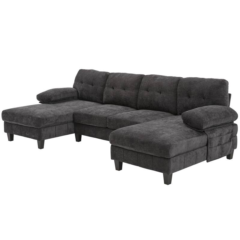U-shaped Sectional Sofa, Chenille Fabric, Dual Chaise Lounges, Storage Pockets, Armrest Pillows, Black