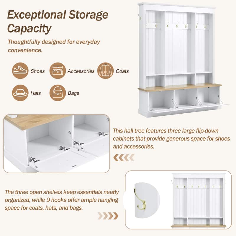 LED Hall Tree with Storage Bench, APP Controlled Light Entryway Organizer with 9 Hooks and Shoe Cabinets
