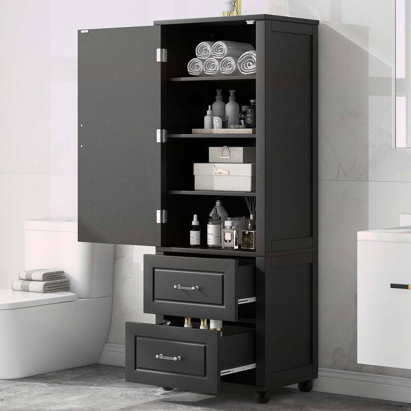 Tall Bathroom Storage Cabinet with Two Drawers and Adjustable Shelf