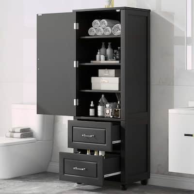 Tall Bathroom Storage Cabinet with Two Drawers and Adjustable Shelf