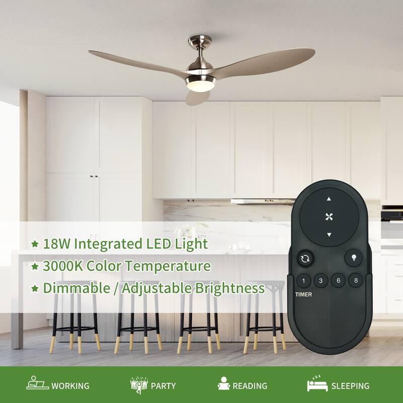 Modern Brushed Nickel 3-Blade LED Ceiling Fan with Remote Control - 56-in W x 13.7-in H