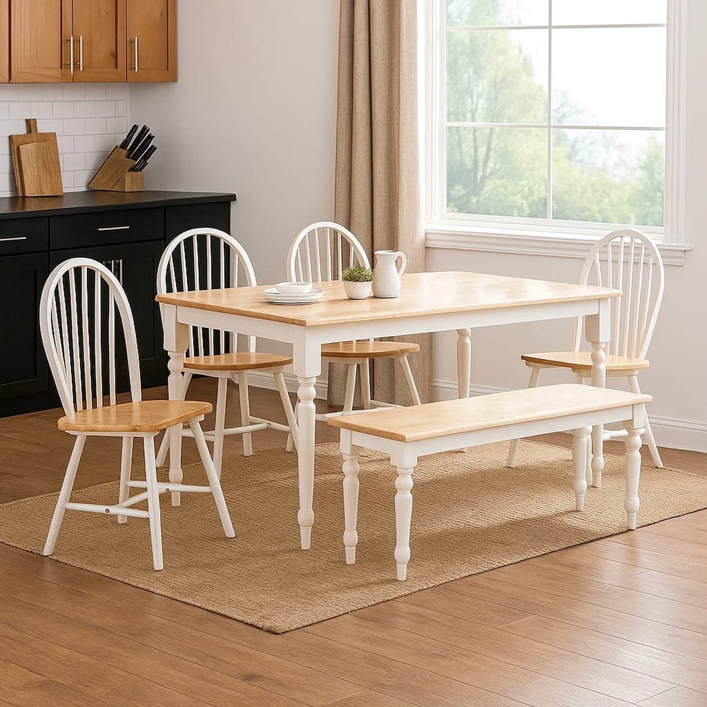 6 Piece Farmhouse Wooden Dining Set, White and Brown