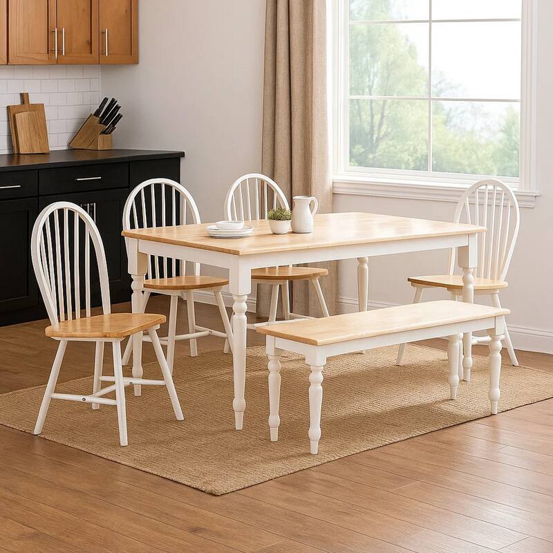 6 Piece Farmhouse Wooden Dining Set, White and Brown