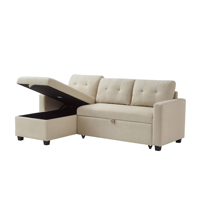 81.5" Linen Upholstered Sectional Sofa with Pull-Out Bed and Storage Chaise, Convertible 3-Seater