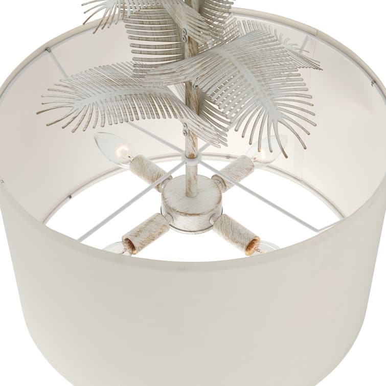 Acroma 4 - Light Whitewashed Drum Chandelier with Palm Leaf Detailing and Fabric Shade