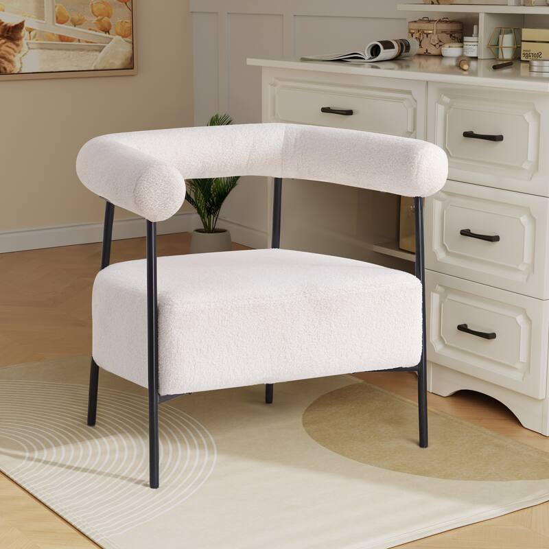 Modern Boucle Fabric Upholstered Accent Chair, Curved Armchair with Black Metal Frame - White