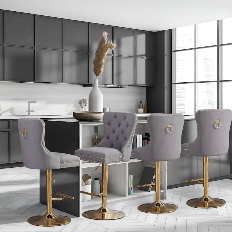 Modern Upholstered Adjusatble Thick Swivel Counter Barstools - Set of 4 - Grey