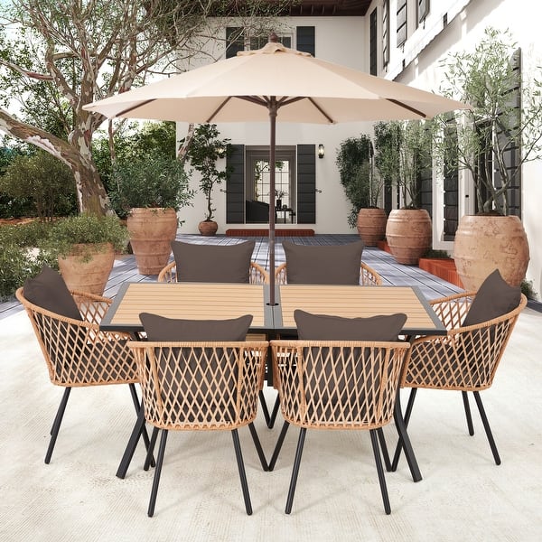 EROMMY 7-Piece Outdoor Dining Set with 6 Rattan Chairs, Rectangular Table (Umbrella Hole Included), All-Weather Patio Furniture