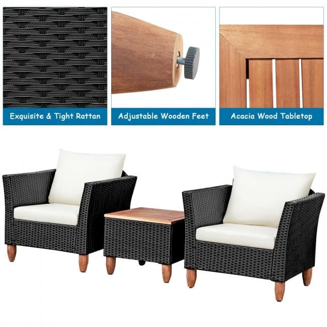 3 Pcs Outdoor Patio Rattan Furniture Set Wooden Table Top Cushioned Sofa - 29" x 27" x 28" (L x W x H)