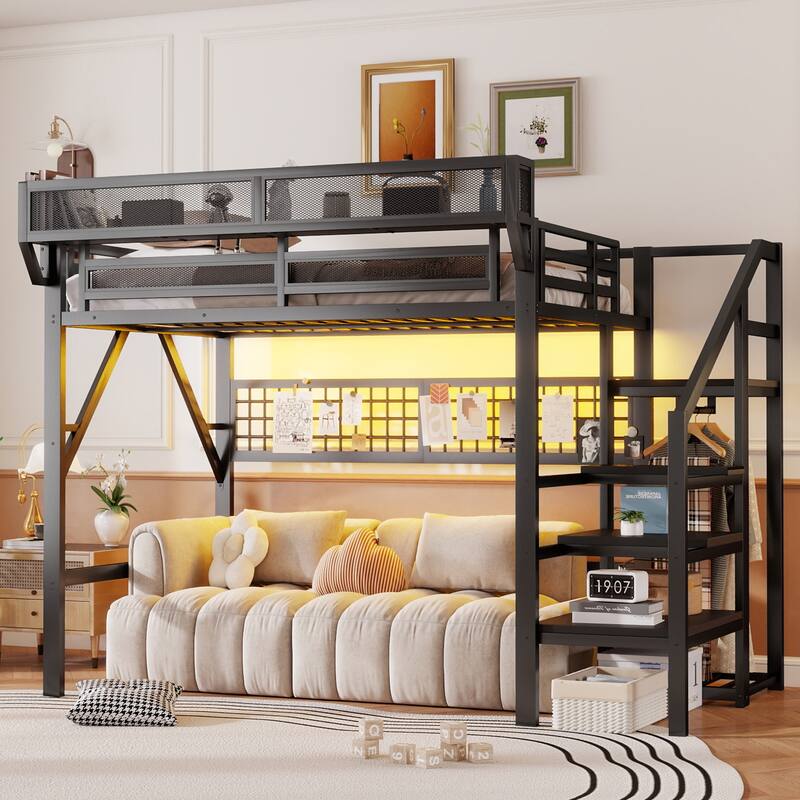 Full / Queen Metal Loft Bed with Stairs Light Storage Wardrobe for Kids Teens Adults - Black - Full