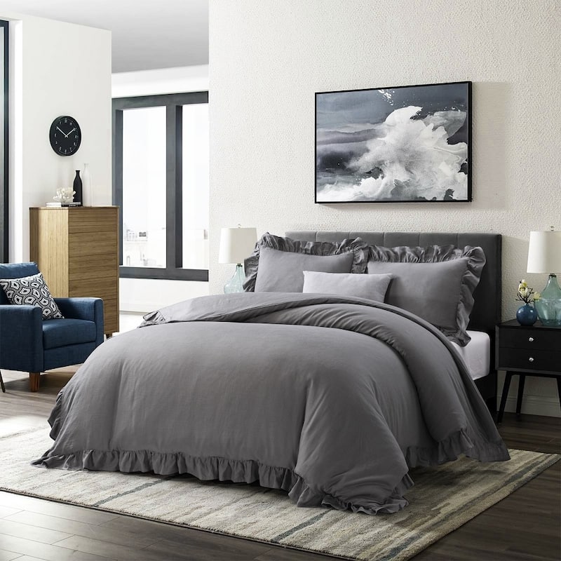 WHOLINENS Stone Washed French Linen Duvet Cover Set Ruffle Style - Charcoal - King