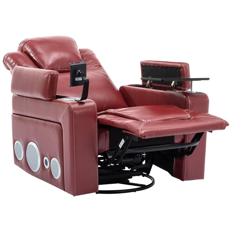 270 Degree Swivel PU Leather Power Recliner Individual Seat Home Theater Recliner with Surround Sound， Removable Tray Table