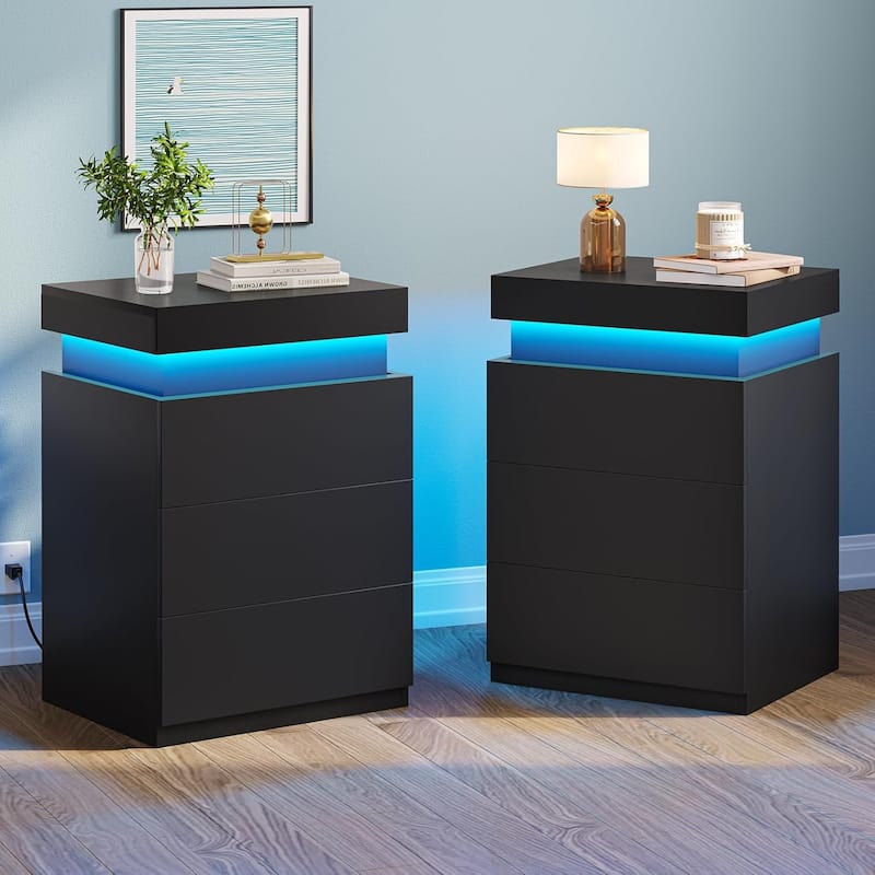 Bedroom Nightstand Charging Station LED Lights Sliding Top 3 Drawers - Set of 2 Black