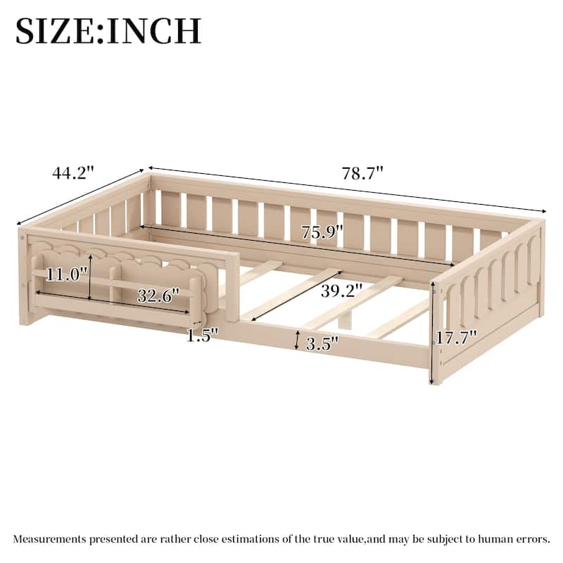 Kid Wood Platform Storage Bed Montessori Toddler Floor Bed Children Daybed with Guardrail and Side Creativity Storage Shelves
