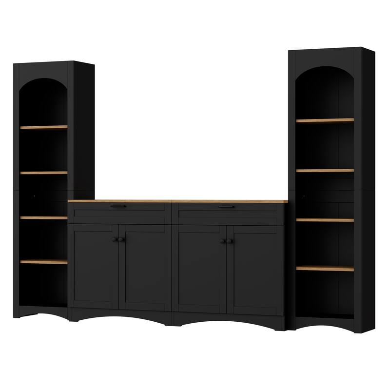3-Piece, Farmhouse-Style TV Stnad, for TVs up to 70 Inches with Storage Cabinets, Bookshelves, for Living Rooms, Black