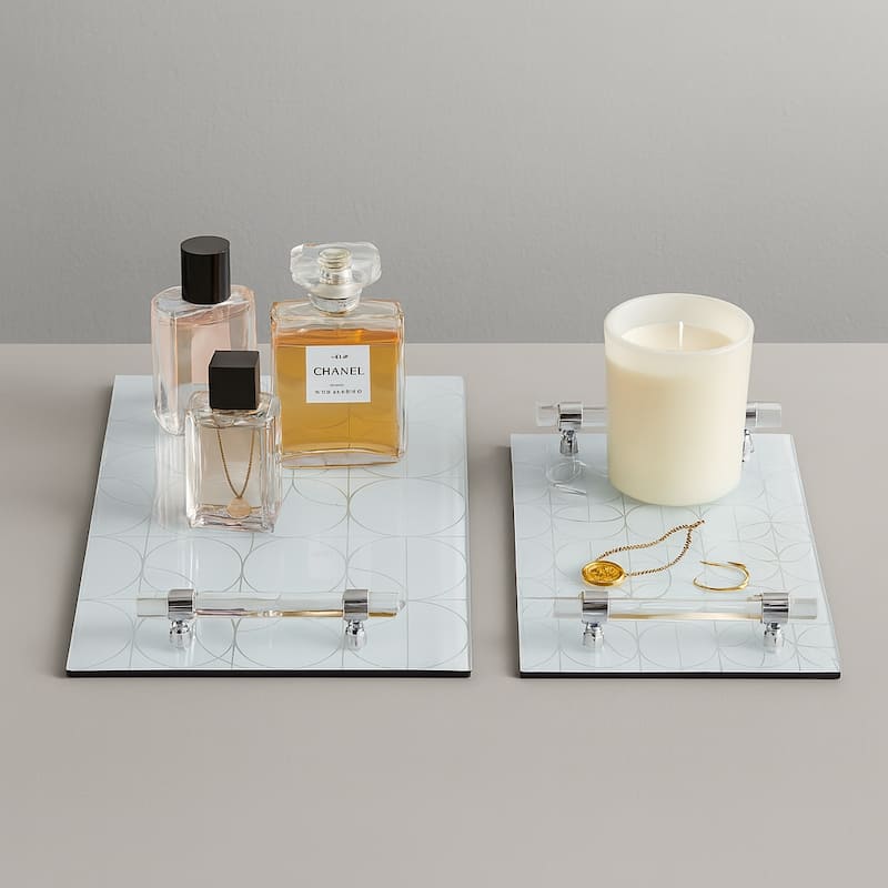 Decorative Pattern Glass Tray with Handles - Chic Home Decor - Accent Tray - 16" x 12" x 2" - Silver/ White