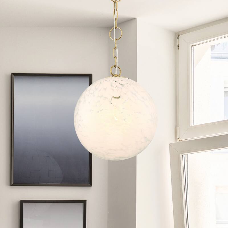 Wine Flower 60 Watt 1-Light Brushed Gold Glam Pendant Light with White Art Glass Shade - 16.25