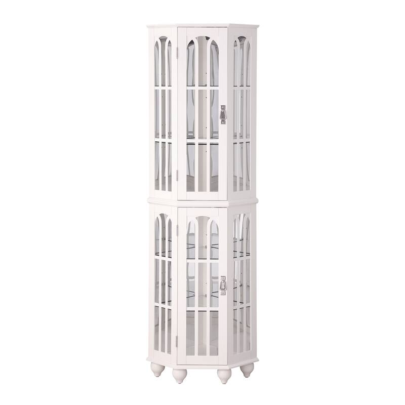 Lighted Corner Curio Cabinet, Wooden Accent Storage Cabinet, Display Cabinet with Tempered Glass Shelves & Mirrored Back