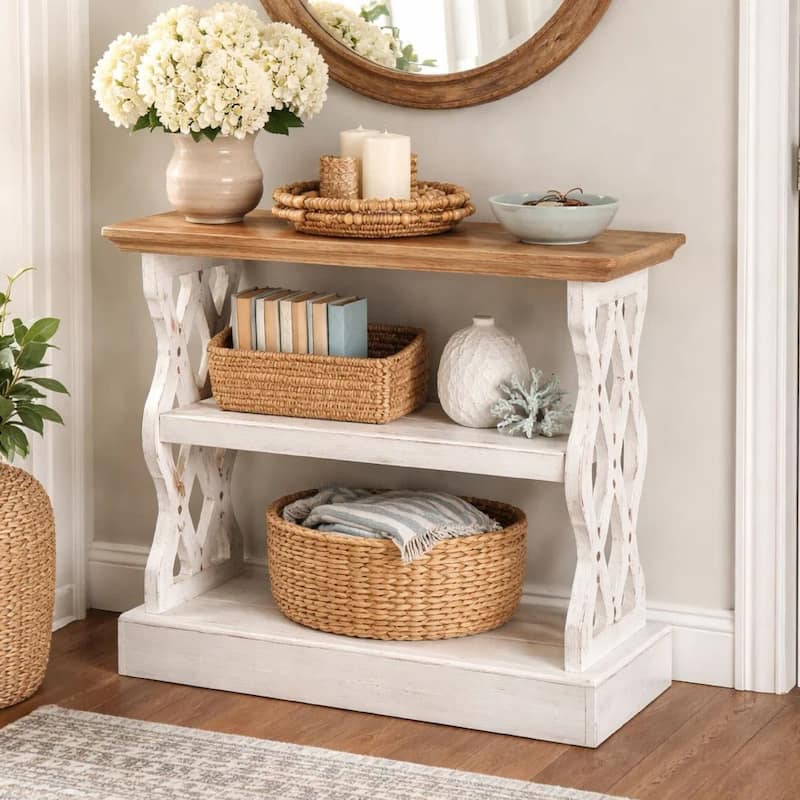35 Inch 3 Tier Console Table, Fir Wood, Carved Panels, Brown and White