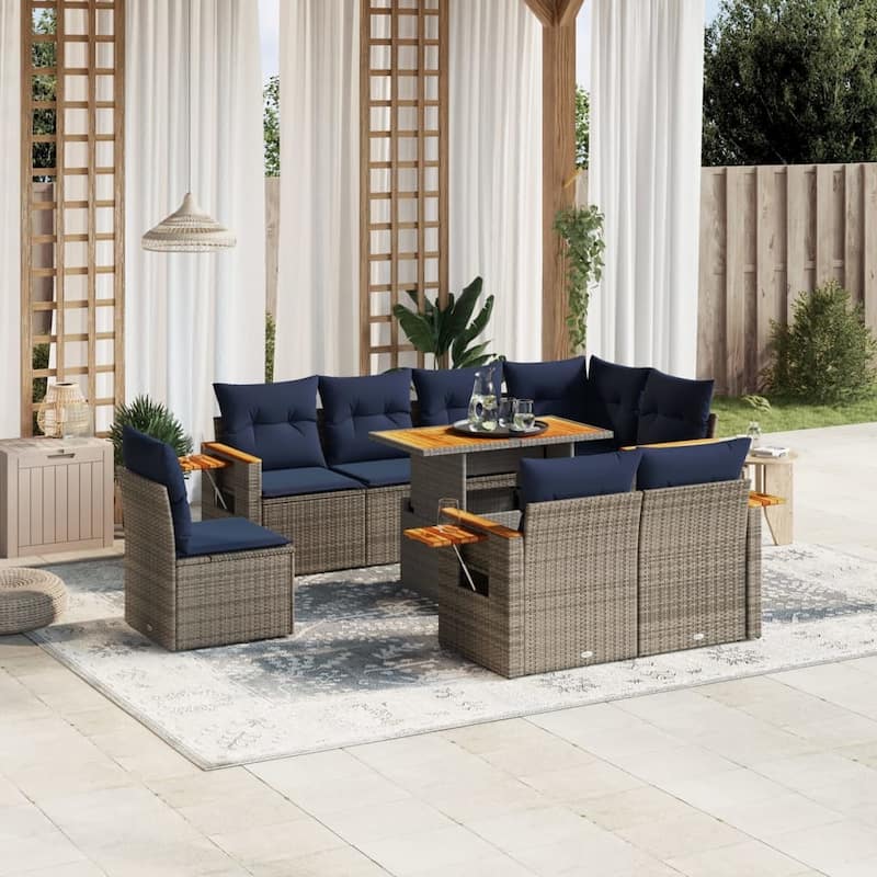 vidaXL Patio Sofa Set with Cushions Outdoor Furniture 9 Piece Poly Rattan - Grey - 21.7 x 24.4 x 27.2