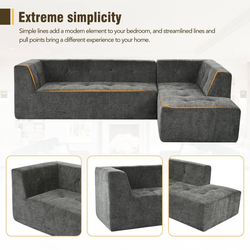 112"x74" Modular Gray Chenille L-Shape Sofa Set, 2pcs Free Combo, Easy Assembly