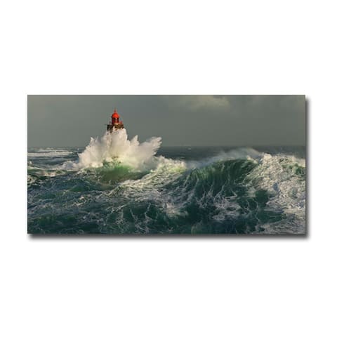 La Jument Lighthouse with Wave by Jean Guichard Gallery Wrapped Canvas Giclee Art (18 in x 36 in)