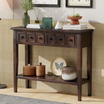 38.2" Rustic Console Table with Open Shelf and Three Drawers, Rubber Wood Legs