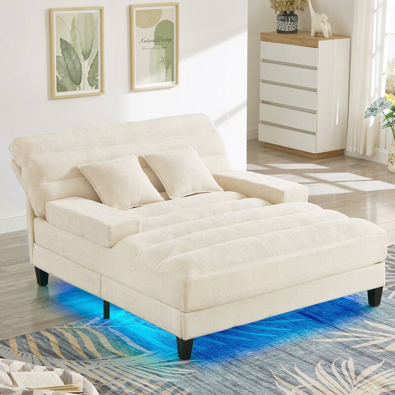 Modern Chaise Lounge Sofa 57.1" Sofa Bed Upholstered Lounge Sofa Chair with Adjustable Backrest and LED Light Strip - Beige