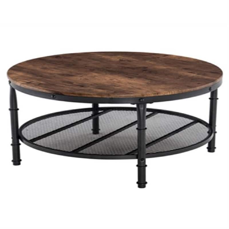 31.89in Double-layer Round Brown PVC Density Board Panel Black Base with Silver Pattern Powder-coated Iron Frame Coffee Table - Brown