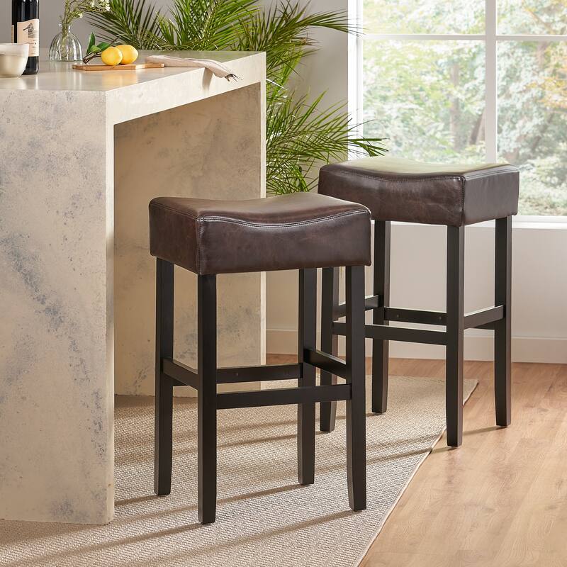 Luxurious Brown Faux Leather Upholstered Bar Stools Set of 2 with Durable Black Rubberwood Legs and Footrest for for Small Space
