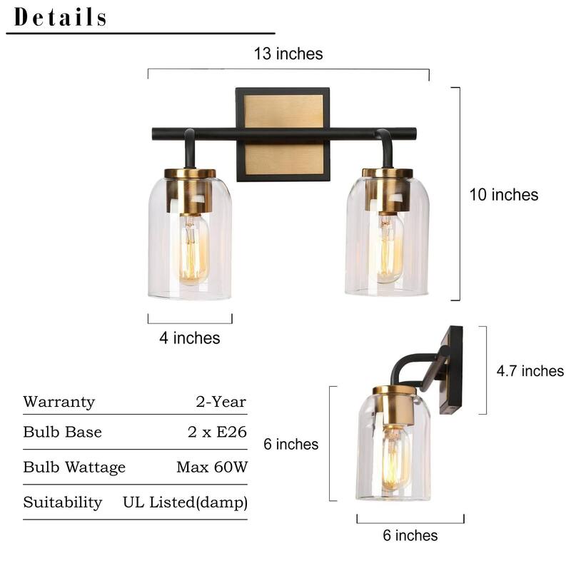 Modern Farmhouse Bathroom Vanity Light Black Gold Cylinder Glass Wall Sconce