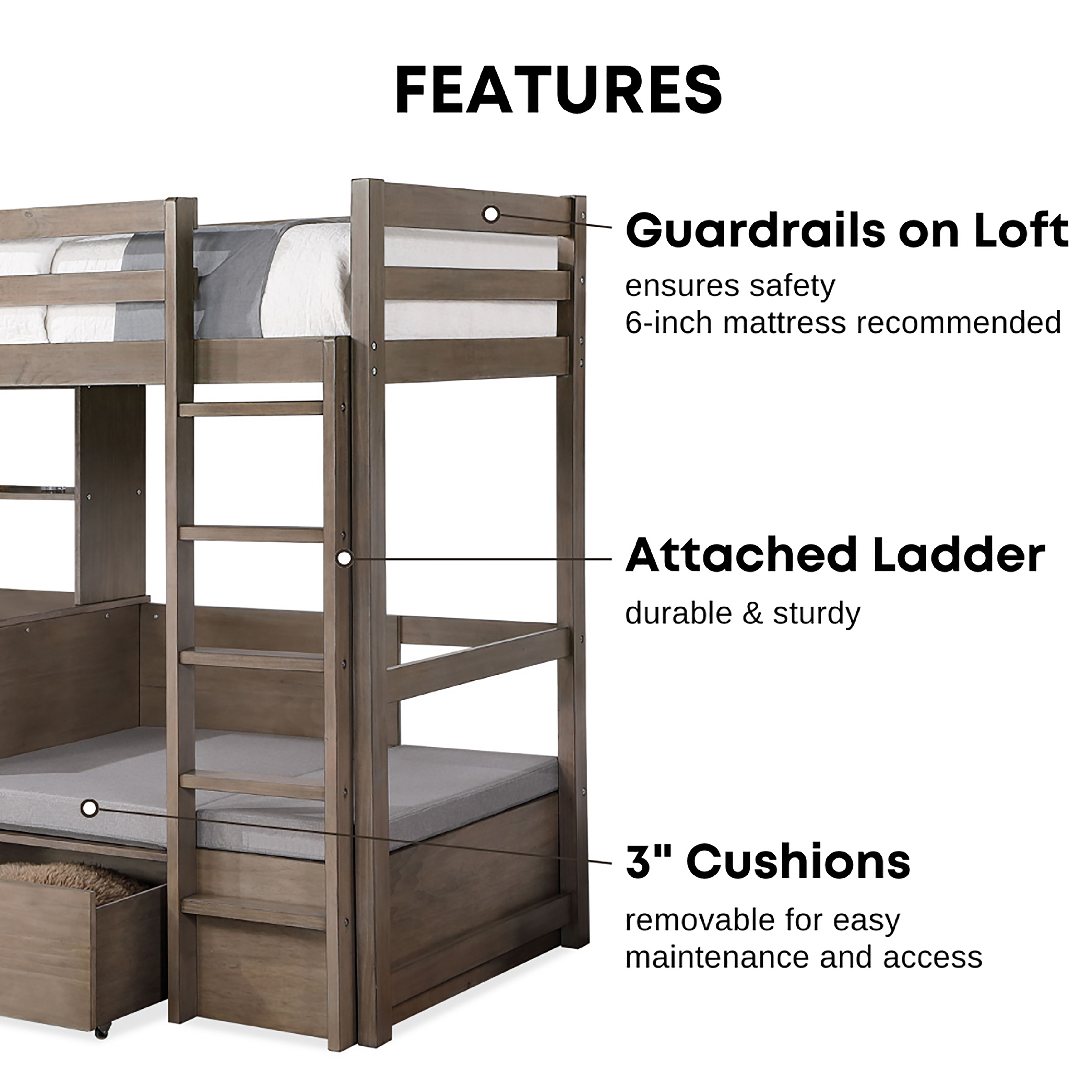 Furniture of America Wegh Solid Wood Twin Size Loft Bed - Thumbnail 4