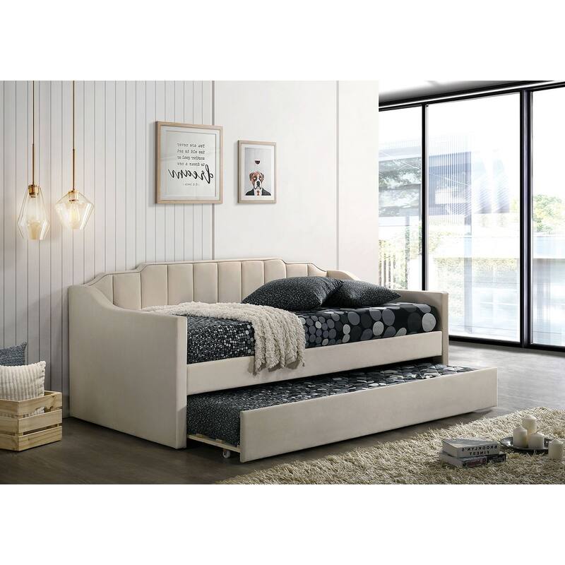 Contemporary Twin Size Daybed with Trundle, Channel Tufting, Fully Upholstered in Beige
