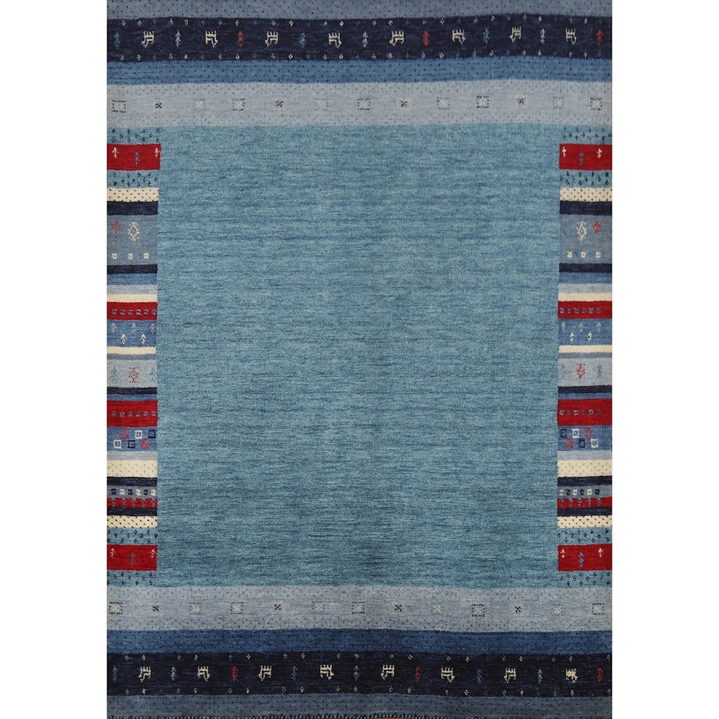 Blue Gabbeh Indian Area Rug Hand-Knotted Wool Carpet - 5'6" x 7'7"