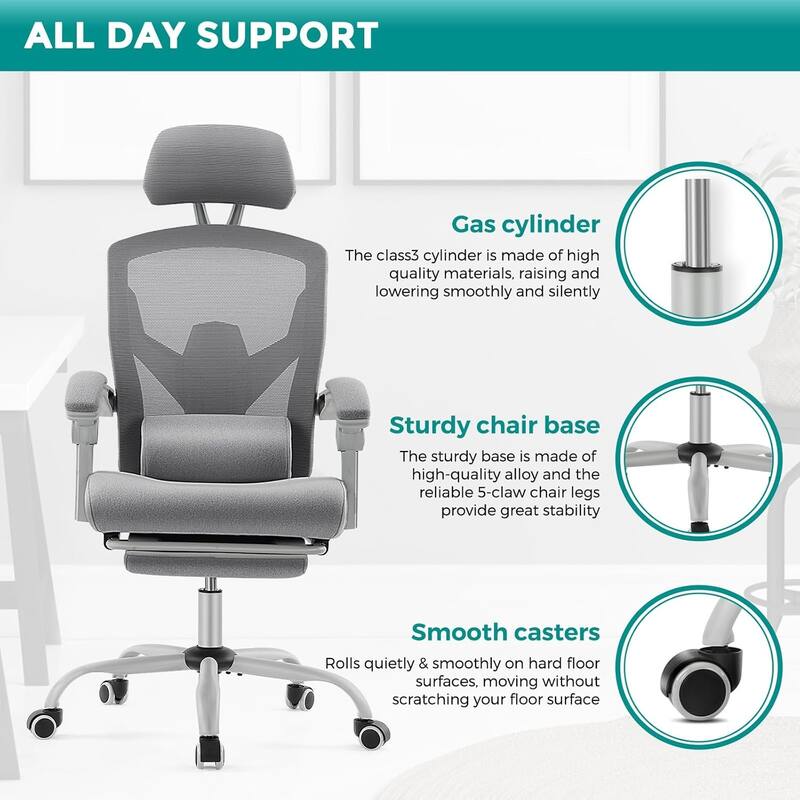 Home Office Desk Chair with Footrest, High-Back Mesh Reclining Chairs with Headrest for Home, Office, Gaming, Student