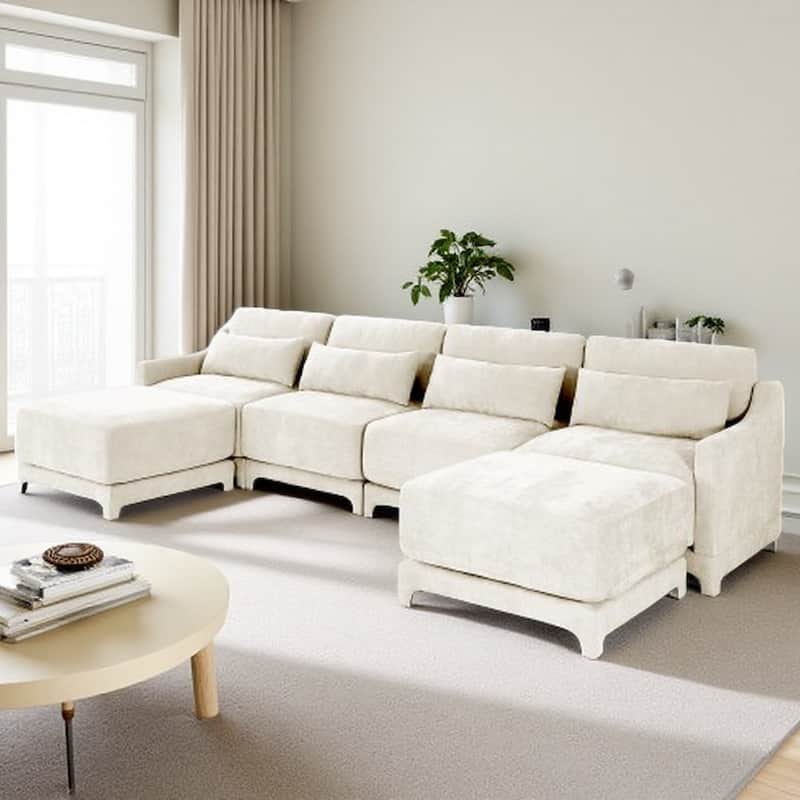 Modern Chenille 4-Seater Sofa with 2 Ottoman, Lumbar Cushions, Ergonomic Backrest, High-Resilience Spongeand Tufted Armrests