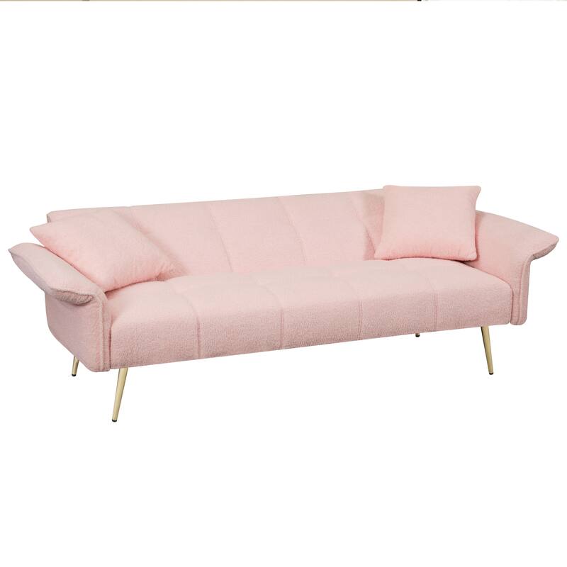 Futon Loveseat Sofa Bed, 70" Teddy Fabric Sleeper Couch with Adjustable Backrest & Armrests, Modern Convertible Futon Couch