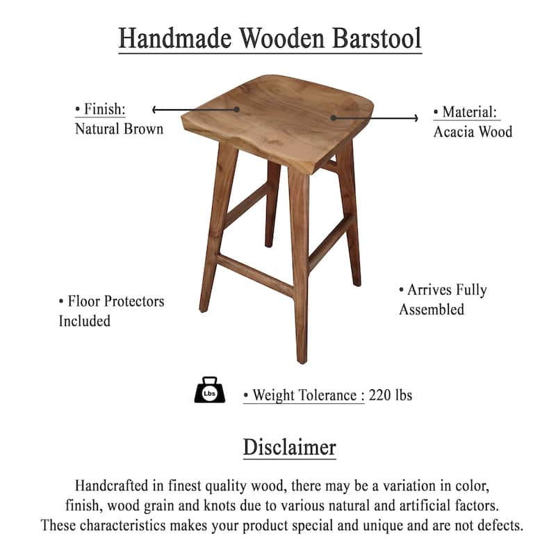 Tisa 29 Inch Backless Barstool, Handcrafted Saddle Seat in Natural Brown Acacia Wood