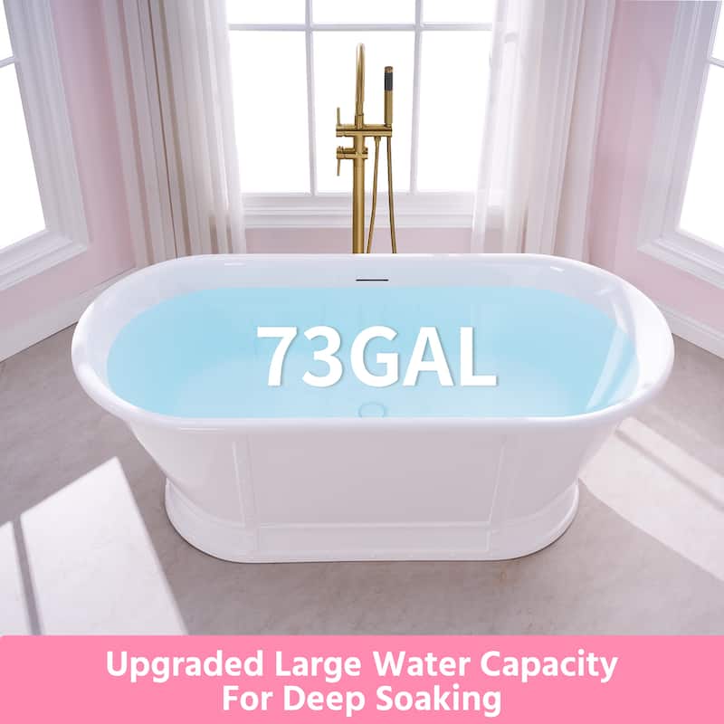 66'' W,73 GALLONS Freestanding Acrylic Soaking Bathtub With Drain And Overflow Holes