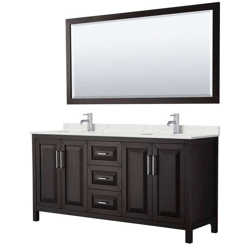 Daria 72-inch Double Vanity, Single Hole Quartz Top, 70-inch Mirror - Dark Espresso, Chrome Trim, Giotto Quartz Top