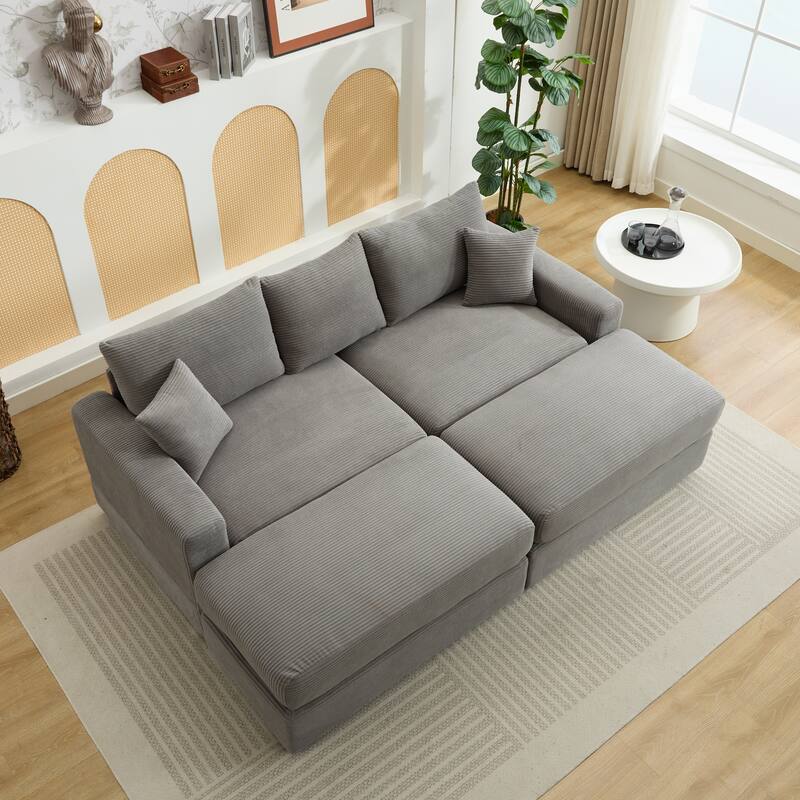 2 Pieces Corduroy Sectional Couch Covers with 2 Pillows, Grey