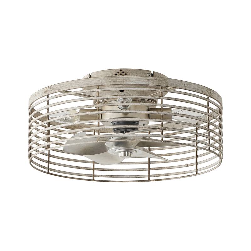 18" Antique White Caged 4-Light Low-Profile Flush Mount Ceiling Fan with Remote