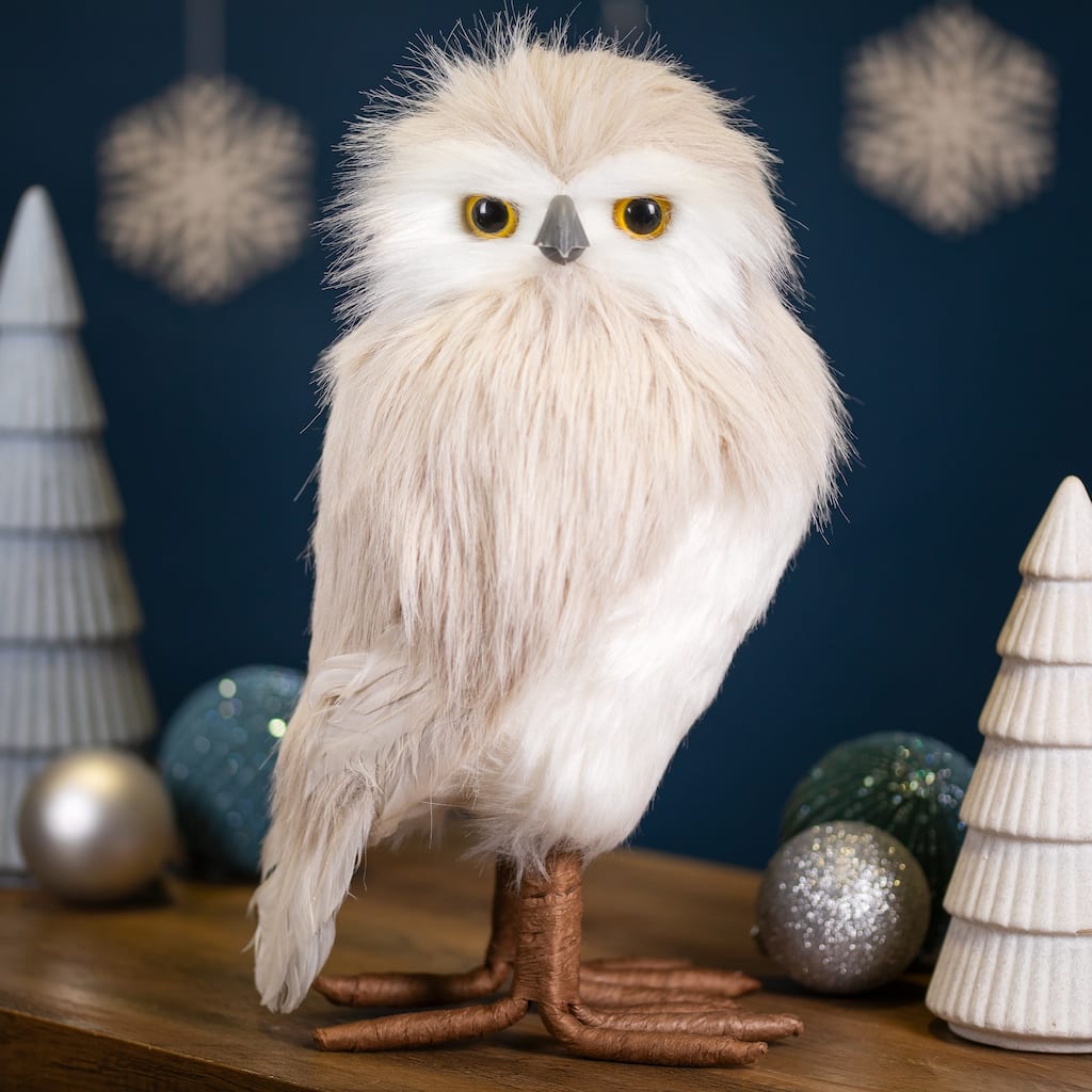 Standing Winter Owl Christmas Figure - 12.25" - Cream and White