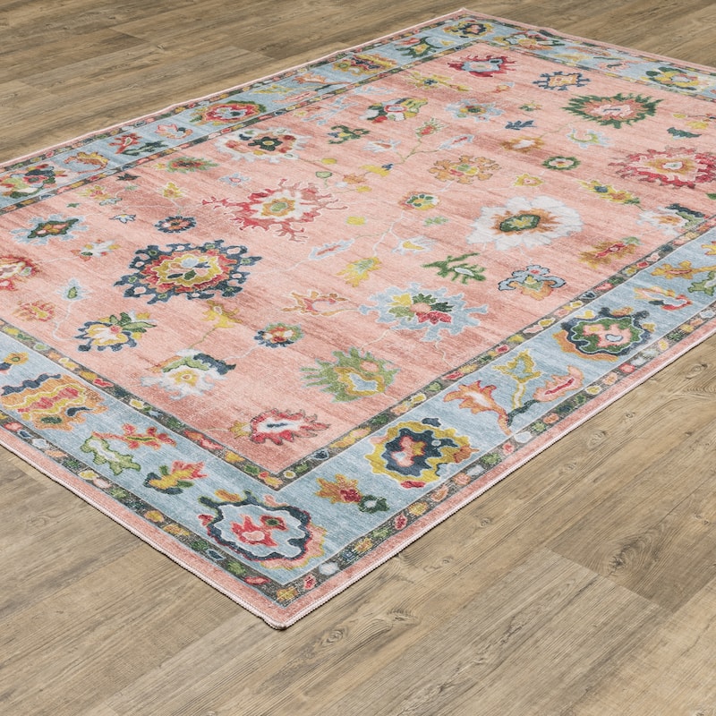 Ainsley Vintage Traditional Pink/ Blue Printed Washable Flat Pile Area Rug