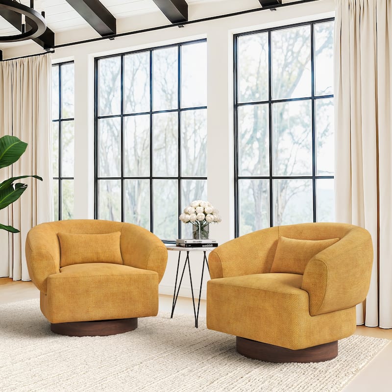 Modern Wooden Swivel Chair with Soft Chenille Barrel Accent Chair Upholstery Armchair Living Room Chairs - Yellow - Set of 2
