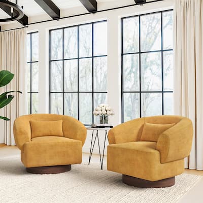 Modern Wooden Swivel Chair with Soft Chenille Barrel Accent Chair Upholstery Armchair Living Room Chairs