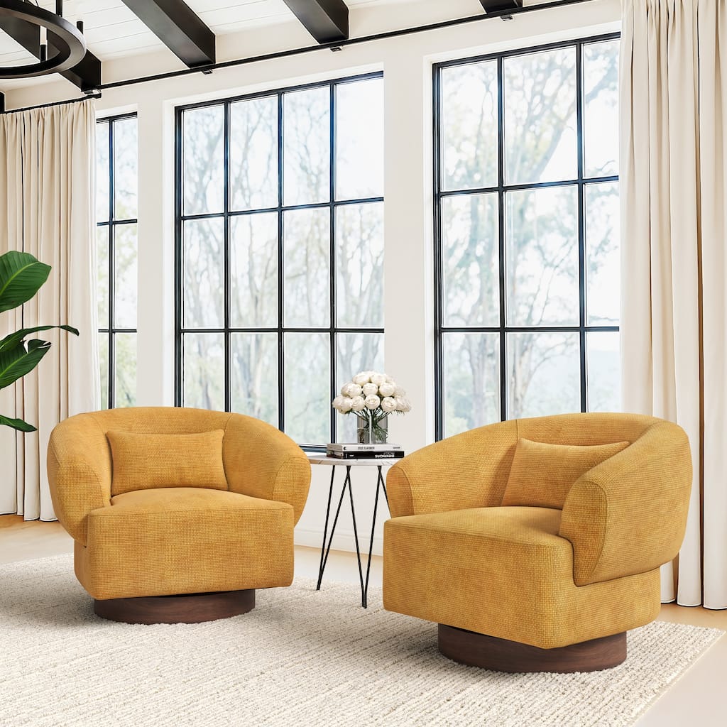 Modern Wooden Swivel Chair with Soft Chenille Barrel Accent Chair Upholstery Armchair Living Room Chairs